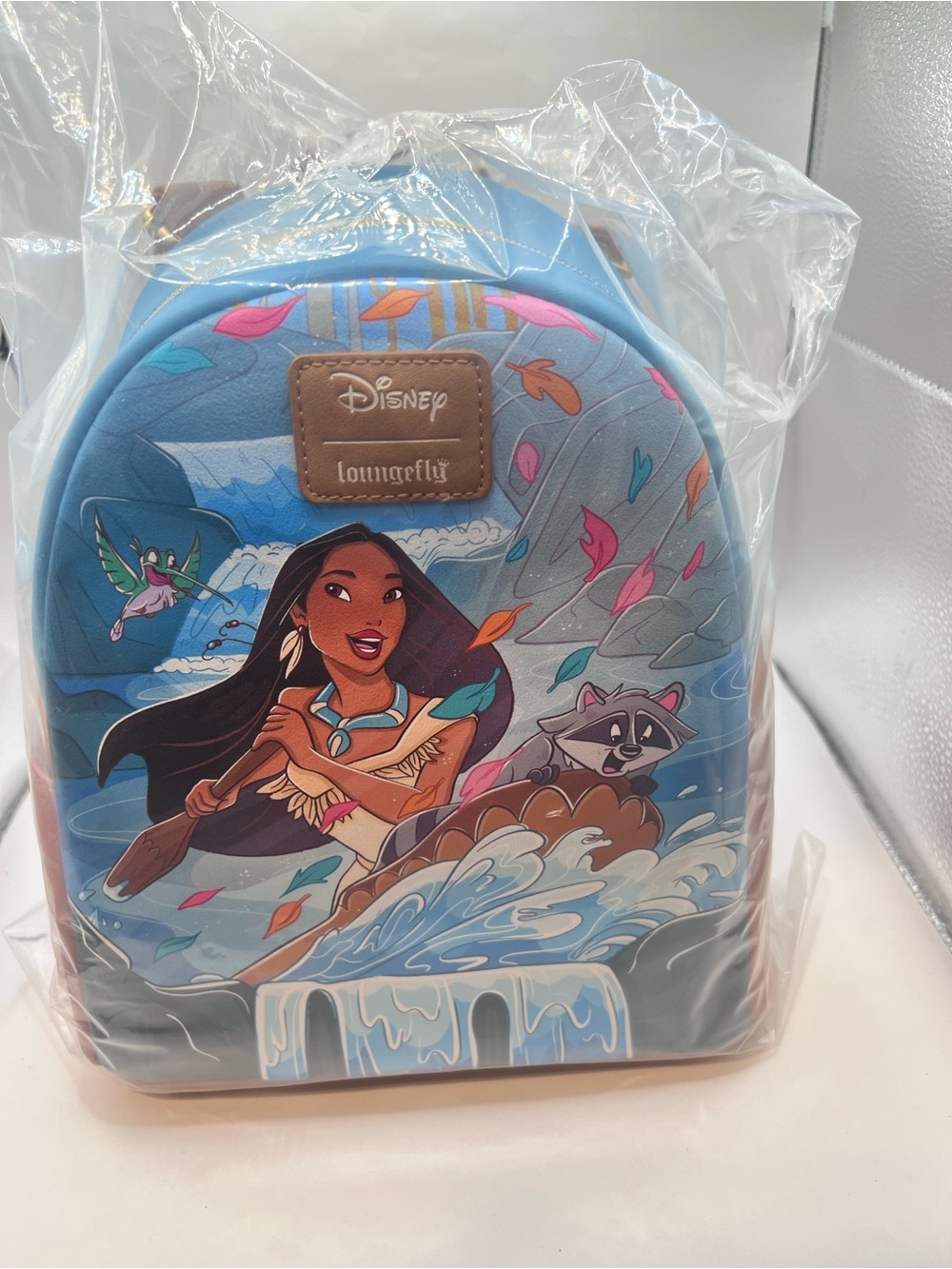 Disney Blue Pocahontas Mini Backpack with Colorful Leaf Accents